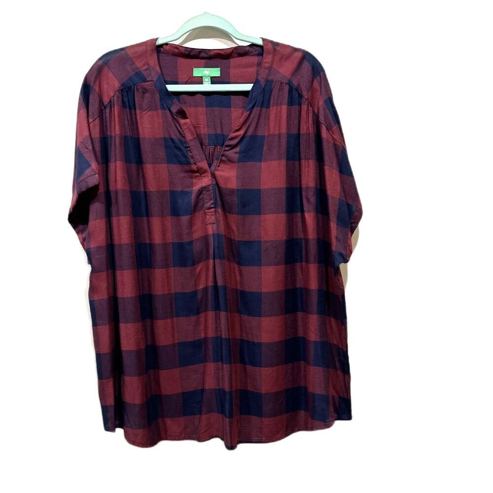 Dip Top Plaid V-Neck 100% Viscose Short Sleeve Blouse Women 3X Red Navy Casual